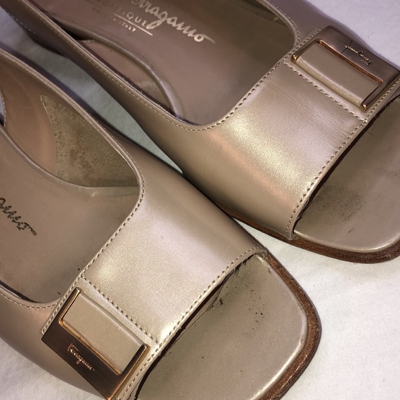 Salvatore Ferragamo “Balzac” Gazella/Gold Satin Finish Calf, 1.5” Heel, Open Toe - Picture 14 of 15